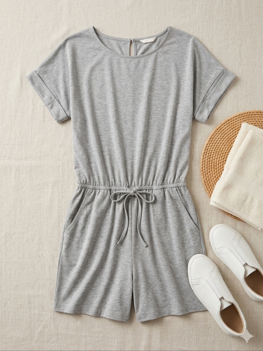 ZENANA 1X Loungewear Grey Romper Elastic Waist Keyhole Back‎ Short Sleeve Dress